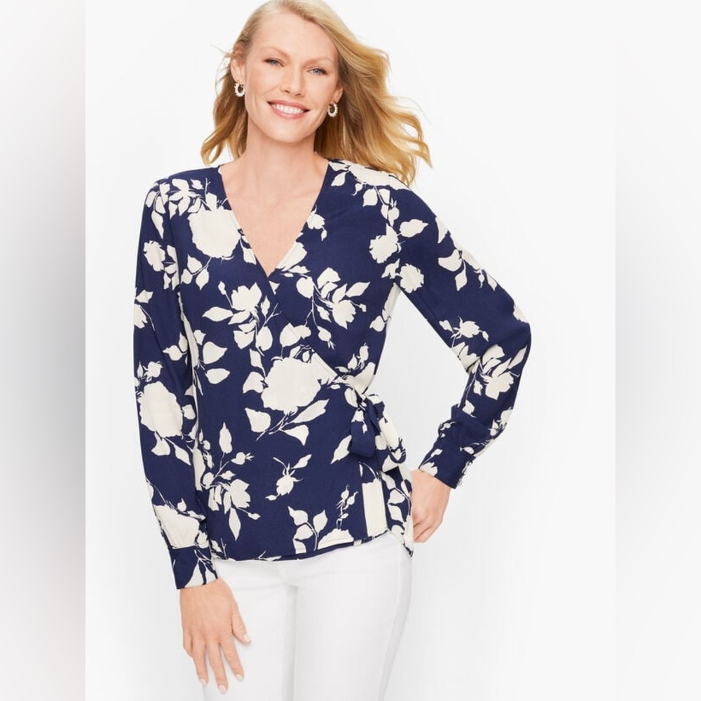 NWT TALBOTS WRAP SASH BLOUSE ROSE PRINT FLORAL BLUE WHITE WOMEN PLUS 2Xp
